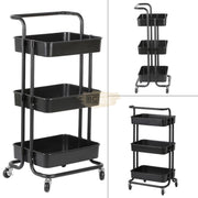 3-Tier Metal Rolling Storage Cart with Handle | Black Storage Cart