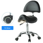 Adjustable Hydraulic Saddle Shape Stool with back support on wheels | Black Stool