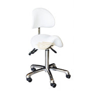 Adjustable Hydraulic Saddle Shape Stool with back support on wheels | White Stool