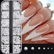 White Flatback Pearl Nail Art Beads | Mixed Sizes | 12-Grid Box Nail Deco