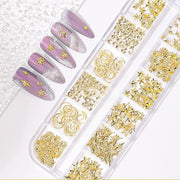 12 Grids/Box Metal Rivets Nail Art Charms 3D Sun Moon Stars Gold Gold Metal Studs Box