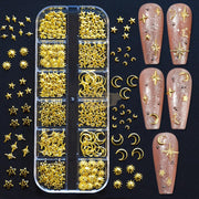 12 Grids/Box Metal Rivets Nail Art Charms 3D Sun Moon Stars Gold Gold Metal Studs Box