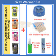 Pro Wax 100 Warmer Kit (Pro Wax Warmer, 220g Hard Wax Beans, Agiss Body Oil, 60ml Pre-wax spray & 100 Spatulas)