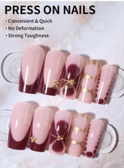 24pcs Retro Floral Coffin French Nails | Gold Caviar Beads| Full Cover Press‑On Nails