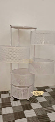5-Tier Rotating Storage Organizer | Round Mesh on Wheels | White Storage Rack