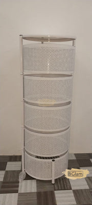 5-Tier Rotating Storage Organizer | Round Mesh on Wheels | White Storage Rack