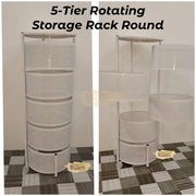 5-Tier Rotating Storage Organizer | Round Mesh on Wheels | White Storage Rack