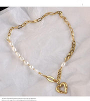 Fashion Jewelry-Hip Hop Baroque Pearl Stitching Hollow Heart Pendant Necklace