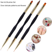 3 Pcs Double Sided Nail Art Brush Set Black/Gold