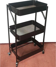 Foldable 3-Tier Metal Storage Organizer Rolling Cart | Black