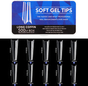 Soft Gel Tips | Half Cover | Long Coffin 500 Tips Blue Box