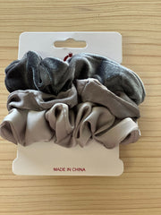 Velvet & Silk  Hair Scrunchies | Tri-Color | 3 pieces | Pearl Grey, Grey, Silver