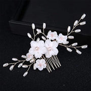Fashion Jewelry - Hair Comb Special Occasion Faux Pearl with White Flowers - Silver