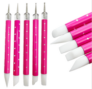 5 pieces Dual Tipped Silicone Nail Art Sculpture Pen & Dotting Tool | Hot Pink with gems