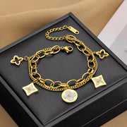 Fashion Jewelry | Bracelet | Double Chain Gold Charm with 5 Clover Leaves