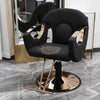 Black/Rose Gold Modern Salon Styling Chair with Hydraulic Lift | Round Disc Plate Barber Chair