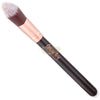 Makeup brush with black handle and rose gold ferrule on a white background
