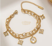 Double Chain Gold Charm with 5 Clover Leaves Bracelet Fashion Jewelry
