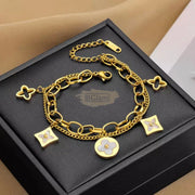 Double Chain Gold Charm with 5 Clover Leaves Bracelet Fashion Jewelry