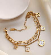 Double Chain Gold Charm with 5 Clover Leaves Bracelet Fashion Jewelry