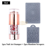 Double Head Nail Stamper with 2 Stencil Scrapers | Gold with Rhinestones Nail Art Tool