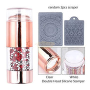 Double Head Nail Stamper with 2 Stencil Scrapers | Gold with Rhinestones Nail Art Tool