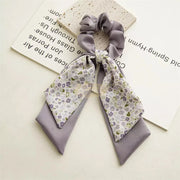 Double Layer Bow Long Tail Scrunchie Floral Print Design 1 2 Purple Hair Accessories
