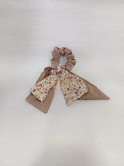 Double Layer Bow Long Tail Scrunchie Floral Print Design 1 3 Beige Hair Accessories