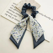 Double Layer Bow Long Tail Scrunchie Floral Print Design 1 4 Navy Blue Hair Accessories
