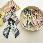 Double Layer Bow Long Tail Scrunchie Floral Print Design 1 Hair Accessories