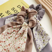 Double Layer Bow Long Tail Scrunchie Floral Print Design 1 Hair Accessories