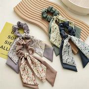 Double Layer Bow Long Tail Scrunchie Floral Print Design 1 Hair Accessories