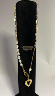 Fashion Jewelry-Hip Hop Baroque Pearl Stitching Hollow Heart Pendant Necklace Fashion Jewelry