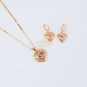 Fashion Jewelry Set Earrings + Pendant Heart Shaped with Pink Stone 10 Fashion Jewelry