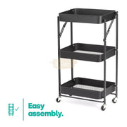 Foldable 3-Tier Metal Rolling Storage Cart | Black Storage Cart