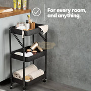 Foldable 3-Tier Metal Rolling Storage Cart | Black Storage Cart