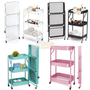 Foldable 3-Tier Metal Rolling Storage Cart | Pink Storage Cart
