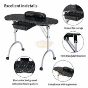 Foldable Manicure Station on Wheels with Carry bag | Black Flower Design MT-017F Manicure Tables