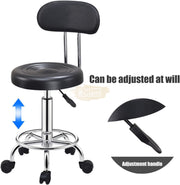 Height Adjustable Stool on wheels with backrest & footrest - Round - Black Stool