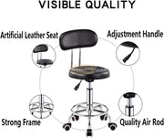 Height Adjustable Stool on wheels with backrest & footrest - Round - Black Stool
