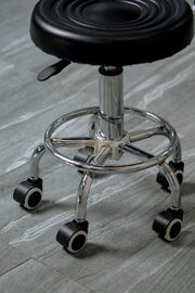 Height Adjustable Stool on wheels with backrest & footrest - Round - Black Stool