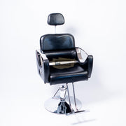 Hydraulic Recliner Barber Chair | Round Silver Disc Plate | Black Barber Chair
