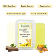 Inatur Bathing Bar - Sandal & Turmeric - 100% Soap Free Enriched with Butter & Natural Oils Soap