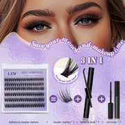 LZM 40P Self Adhesive Eyelashes Pre-glued Eyelashes Cluster Lashes Kit with Lash Tweezers Self-Adhesive Lash Clusters