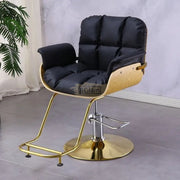 Modern Luxury Salon Styling Chair with Hydraulic Lift | Round Gold Disc Plate | Gold/Black Barber Chair