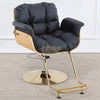 Modern Luxury Salon Styling Chair with Hydraulic Lift | Round Gold Disc Plate | Gold/Black Barber Chair