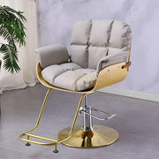 Modern Luxury Salon Styling Chair with Hydraulic Lift | Round Gold Disc Plate | Gold/Grey Barber Chair