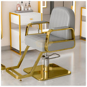 Modern Luxury Salon Styling Chair with Hydraulic Lift | Round Gold Disc Plate | Grey Barber Chair