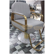 Modern Luxury Salon Styling Chair with Hydraulic Lift | Round Gold Disc Plate | Grey Barber Chair