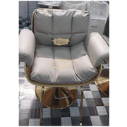 Modern Luxury Salon Styling Chair with Hydraulic Lift | Round Gold Disc Plate | Gold/Grey Barber Chair
